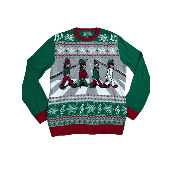 NWOT Ugly‎ Chirstmas Sweater Unisex XL Red Beatles Abbey Road Pullover Holiday - Picture 1 of 9